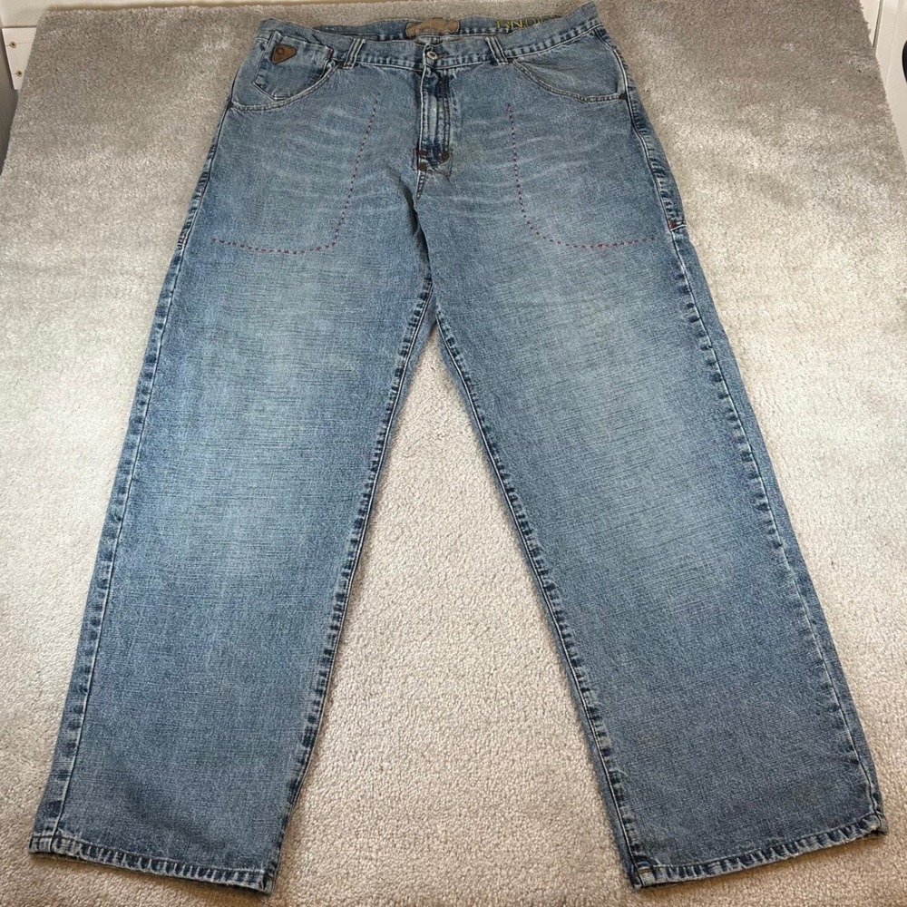 Vintage Akademiks Baggy Jeans Men 38x32 Blue Cinch Back Y2K Streetwear Loose Fit